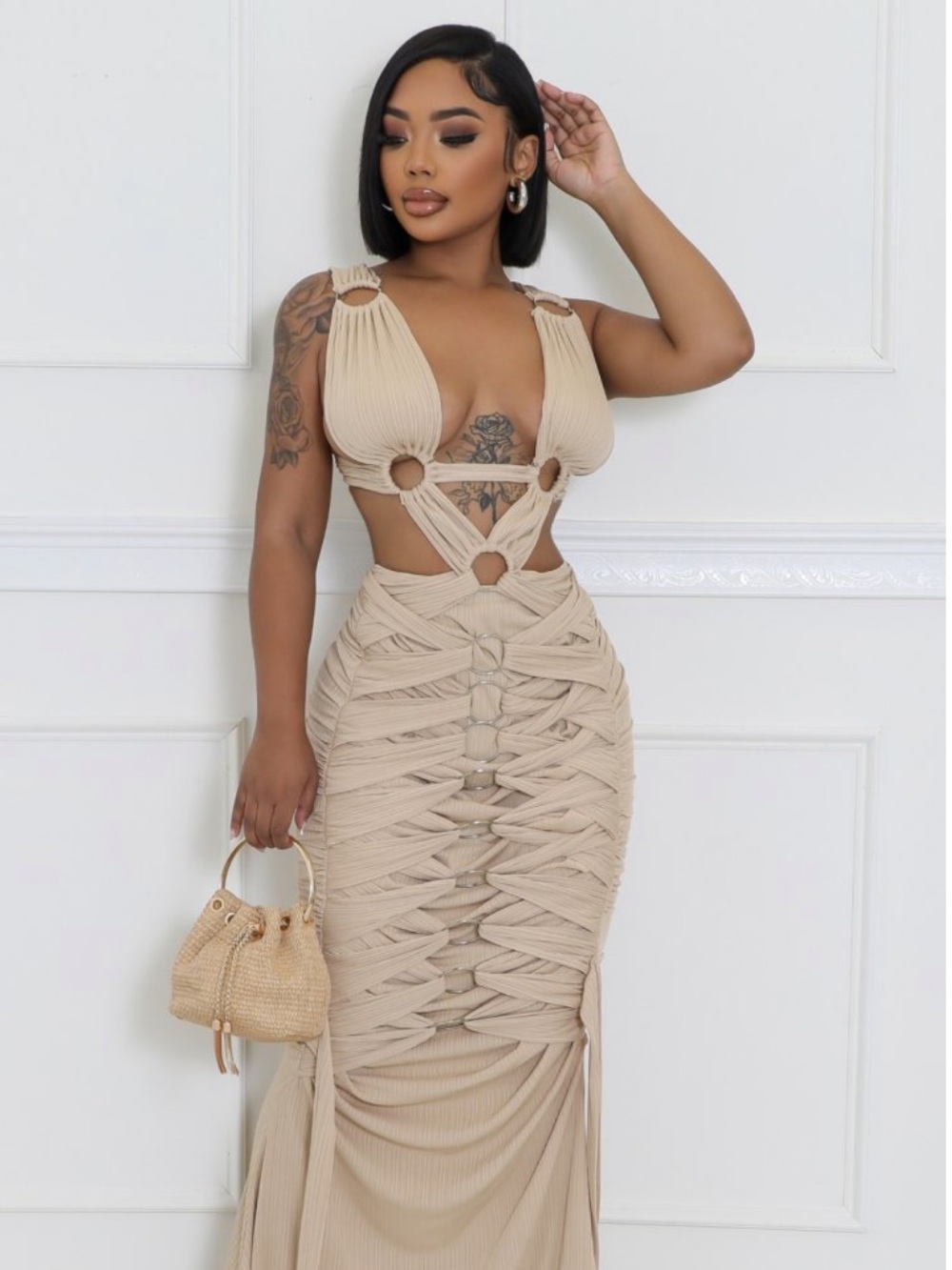 Beige Cutout Ruched Maxi Dress
